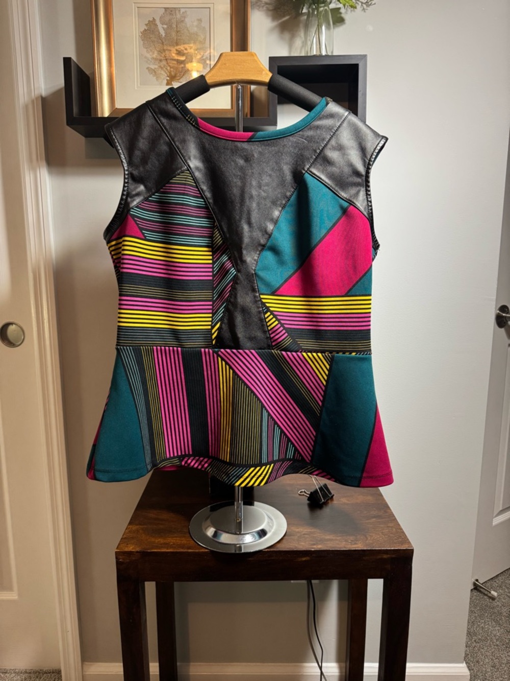 Worthington Teal Pink Black Striped Peplum Tank Top